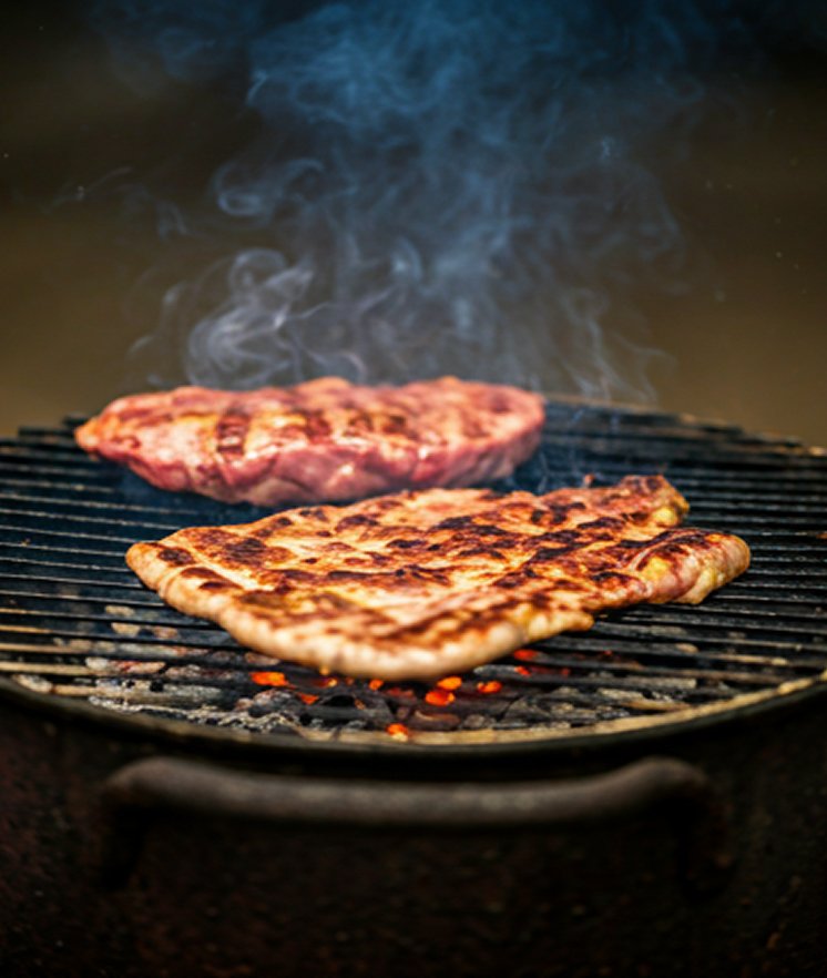 Filetes de carne cocinándose sobre una parrilla con brasas ardientes y humo visible.