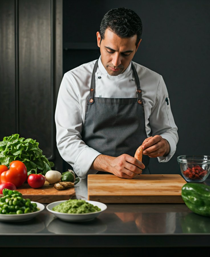 Chef con delantal preparando ingredientes frescos sobre una tabla de madera en una cocina profesional."