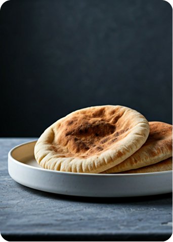 Dos panes tipo pita ligeramente tostados, colocados sobre un plato blanco, con un fondo oscuro y una iluminación suave que resalta su textura.