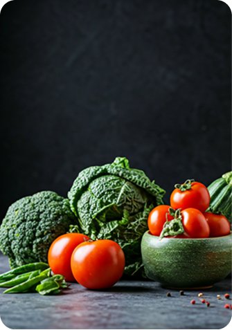 Un conjunto de verduras frescas sobre una superficie oscura: brócoli, hojas de col rizada, tomates rojos y calabacín, con algunos guisantes verdes y especias dispersas alrededor, iluminados con luz suave sobre un fondo negro.