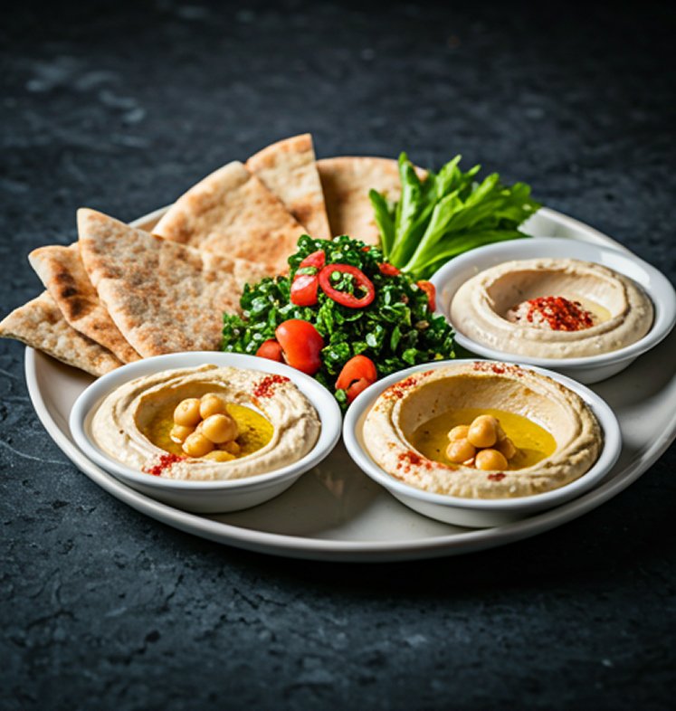 Plato combinado con tres cuencos de hummus, ensalada de perejil y tomate, y triángulos de pan pita.